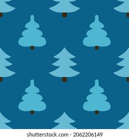 Winter forest seamless pattern. Christmas trees for festive textiles, covers, scrapbooking, fabrics. Simple flat spruces. Blue new year background. Monochrome ornament. Christmas wallpaper for kids.