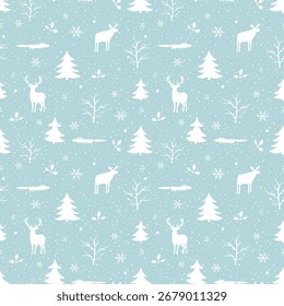 Patrón sin fisuras del bosque del invierno. Navidades Imprimir. Bosques de invierno con animales, árboles, copos de nieve, nieve, hojas, bayas. Siluetas blancas. Plantilla. Ilustración vectorial sobre fondo azul