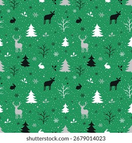 Winter Forest Seamless Pattern. Christmas Print. Winter Woods with Animals, Trees, Snowflakes, Snow, Leaves, Berries. White, Gray, Black Silhouettes. Template. Vector Illustration on Green Background