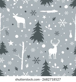 Patrón sin fisuras del bosque del invierno. Navidades Imprimir. Bosques de invierno con animales, árboles, copos de nieve, nieve, hojas, bayas. Siluetas blancas y grises oscuras. Ilustración vectorial sobre fondo gris claro