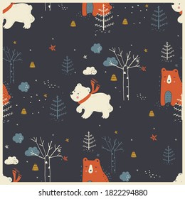 El bosque de invierno es un patrón sin costuras con osos lindos. Ilustración vectorial dibujada por mano