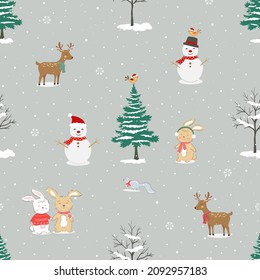 Winter forest seamless pattern with cute animals for decorative,fabric,textile,print or wallpaper,vector illustration