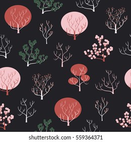 Winter forest seamless pattern with different types of trees. Vector hand drawn illustration.