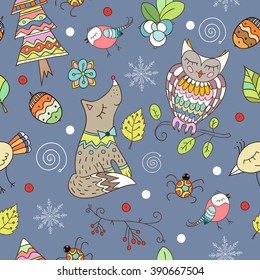 Winter forest seamless pattern with forest floral elements. Birds, corns, owl, berries, birds, trees and snowflakes. Vector illustration in childish style.