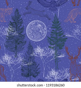 Winter forest seamless pattern. Full moon, spruce, fir tree, fox, hare, deer, owl, snow flakes on a blue background. Vintage engraving style vector illustration. Christmas, New Year holidays, nature.