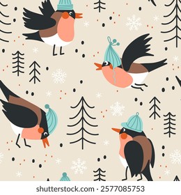 Winter forest seamless pattern with funny bullfinches in a hats on a beige background. Vector illustration for kids. Design for invitation, card, textile, fabric or wrapping paper.