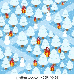 Winter forest seamless pattern. Gifts and Christmas tree. Many of gift boxes with red bow. Snowfall in more often. Trees under snow. Forest trails. Holiday Ornament for Christmas and new year.