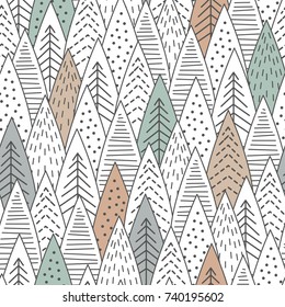 Winter forest seamless pattern. Graphical lines and coloring. Scandinavian style. Vector illustration.