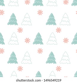 Winter forest. Seamless pattern Hand Drawing background. Christmas trees and snowflakes . Vector.
