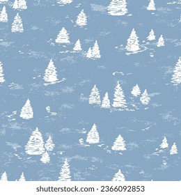 Winter forest seamless pattern. Hand drawn Doodle Trees, Christmas Tree, Snow. Woodland grunge blue background. Holiday Xmas wallpaper. Vector Background for Winter Holidays, Christmas and New Year