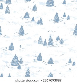 Winter forest seamless pattern. Hand drawn Doodle Trees, Christmas Tree, Snow. Woodland grunge background. Holiday Xmas wallpaper. Vector Background for Winter Holidays, Christmas and New Year