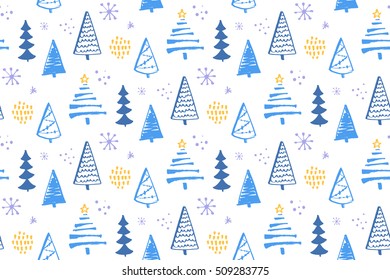 Winter forest seamless pattern with hand drawn christmas trees. Vector background for wrapping paper and christmas designs.