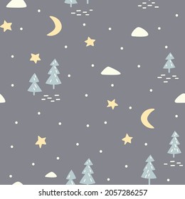 Winter forest seamless pattern at night. Christmas trees, snowdrifts, snowfall, moon.