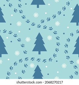 Winter forest seamless pattern with paws, spruce, snowflakes. Season landscape flat vector illustration