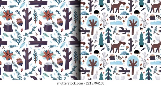 Winter forest seamless pattern. Snowy different trees, frozen berries, blue branches and cones, elk and snowflakes. Hand drawn New Year and Christmas textile, wrapping paper, wallpaper nursery, vector