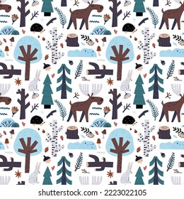 Winter forest seamless pattern. Snowy different trees, frozen berries, blue branches and cones, elk and snowflakes. Hand drawn New Year and Christmas textile, wrapping paper, wallpaper nursery, vector