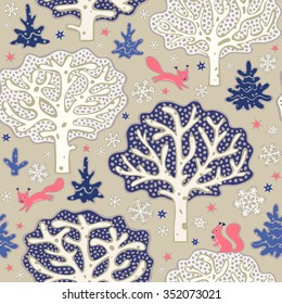 Winter forest seamless pattern with trees, squirrels and snowflakes. Vector Christmas background.