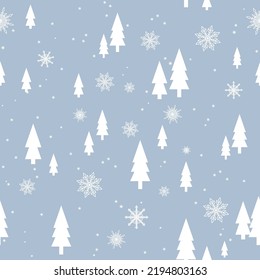Winter forest, seamless Scandinavian pattern. Gray texture with a Christmas tree for printing, paper, design, fabric, decor, gift wrapping, background. Vector illustration