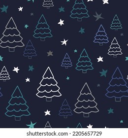 Winter forest, seamless Scandinavian pattern. Dark texture with a Christmas tree for printing, paper, design, fabric, decor, gift wrapping, background. Vector illustration