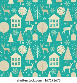 Winter forest - seamless vector pattern with trees, deer, houses, snowflakes, foot prints on blue