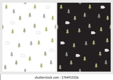 Winter Forest Seamless Vector Pattern with Green Chistmas Trees and Fluffy Clouds on a White and Black Backgrounds. Infantile Style Christmas Print.Cute Repeatable Vector Design with Hand Drawn Trees.