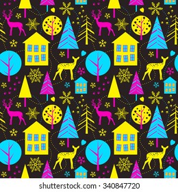 Winter forest - seamless vector pattern with trees, deer, houses, snowflakes, foot prints. Cmyk concept colors