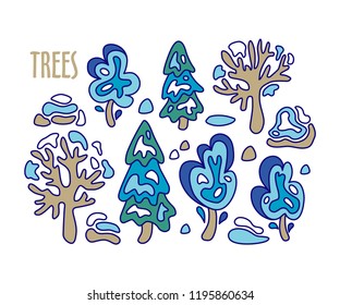 Winter forest. Set of winter trees. Design elements for winter landscape