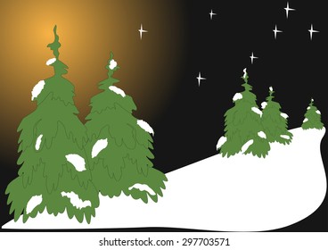 Winter forest, shining stars, white snow