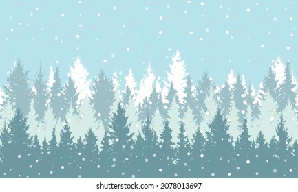 Winter forest with show background, nature, landscape. Silhouette of Christmas trees. Vector illustration
