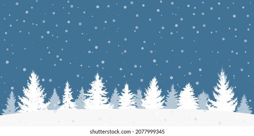 Winter forest with show at night, beautiful landscape. Silhouette of Christmas trees. Vector illustration