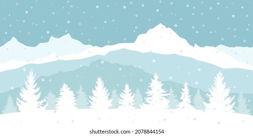 Winter forest with show on background of mountains, beautiful landscape. Silhouette of Christmas trees. Vector illustration