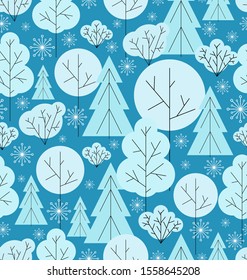 Winter forest. Snow background with fir trees, trees, bushes. Seamless pattern in a minimalist style, cool colors.