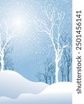 Winter forest Snow background with sunlight on light blue background