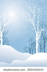 Winter forest Snow background with sunlight on light blue background