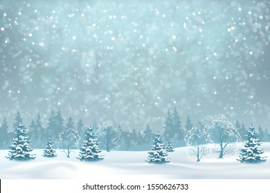 Winter forest and snow drifts in a frosty haze. Vector winter snowy landscape. Christmas background with snowfall