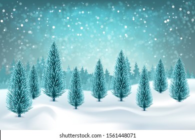 Winter forest and snow drifts in a frosty haze. Vector winter snowy landscape. Christmas background with fir trees