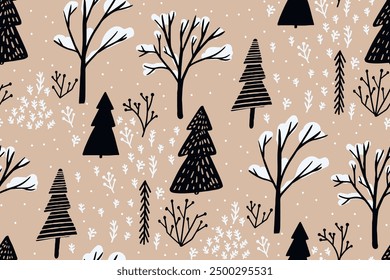 Winter forest, snow on brown kraft paper. Christmas gift wrapping paper design, trees and bushes, winter scenery vector seamless pattern.