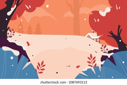 Winter forest snow scene characters playing illustration winter outdoor activity poster