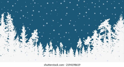 Winter forest with snow. Silhouettes of fir trees, pines.  Vector illustration