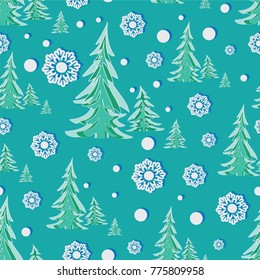 Winter forest. Snowfall. Seamless pattern. Design for textiles and packaging materials, background image with snowflakes.