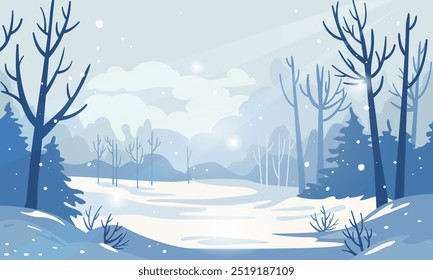 Winter forest. Snowfall. Snowdrifts. Christmas. Winter snowy landscape. Vector illustration  for wallpaper, cards, background, banner, album