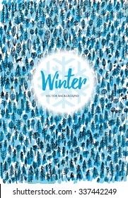 Winter forest and snowflake. Vector Christmas background