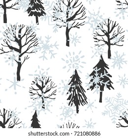 Winter forest with snowflakes. Black tree silhouettes on the white background. Christmas illustration. Vector seamless pattern.