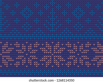 Winter forest with snowflakes nordic knitting motif. Christmas seamless border retro design in blue, turquoise and light red colours. Allover vector pattern for interior, wallpaper, fabric, textile