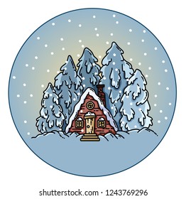 Winter forest snowing scene in a circle ball. Vector flat illustration