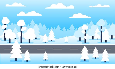 El bosque de invierno nevó el paisaje con la carretera. Ilustración vectorial.