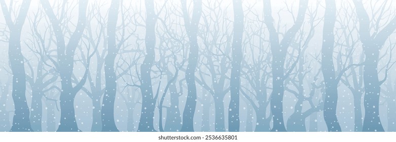 Winter forest, snowy panoramic view, minimalistic landscape, vector illustration
