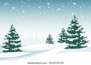 Winter forest in snowy weather. Beautiful trees covered with snow in snowfall with amazing snowflakes. Beautiful winter forest landscape vector illustration.