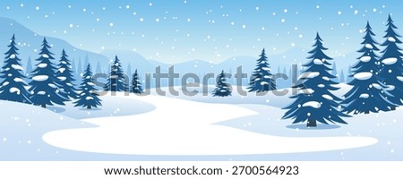 Winter forest in snowy weather, vector landscape illustration. Snow-covered fir and pine trees in the forest. Winter Christmas nature for backgrounds and design.