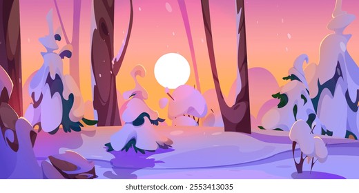 Winter forest with sunset on the horizon and a path along it. Path along a snowy forest with fir trees, bushes and snow-covered stones. Vector cartoon illustration of a cold season in the forest